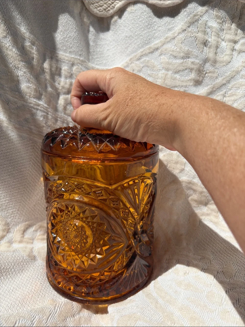 Vintage Amber Cut Glass Covered Jar - Vintage